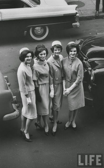 Jackie+Kennedy+look-alikes+are+wearing+Oleg+Cassini+suits+and+pillbox+hats,+1961