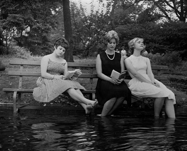 threewomenkeepcoolduringaheatwavebymovingaparkbenchintothewaterincentralpark%2cnewyork-september1961